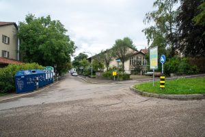 Colour coded recycling bins line a quiet residential street on collection day.
