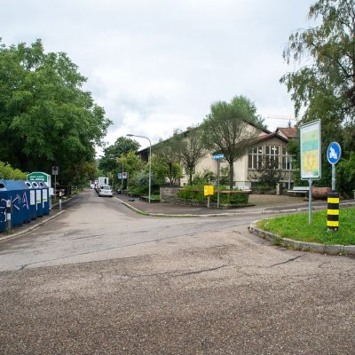 Colour coded recycling bins line a quiet residential street on collection day.