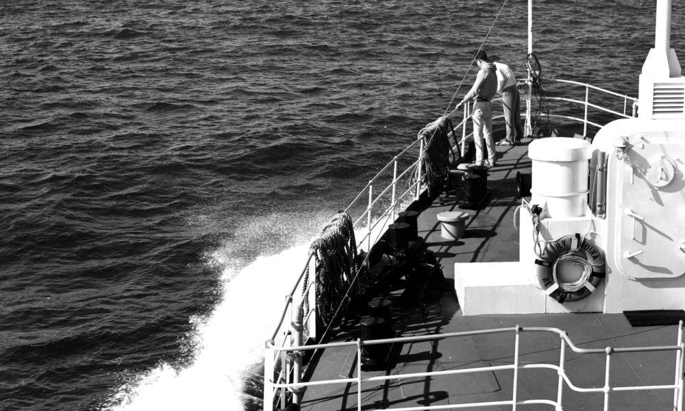 A research vessel at sea during an oceanographic survey in the Atlantic