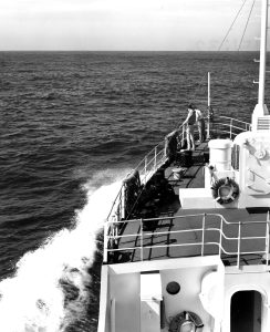 A research vessel at sea during an oceanographic survey in the Atlantic
